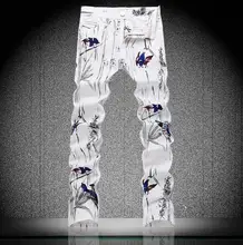 White spring thin Stage Singer Painted printing jeans mens slim elastic denim pants male jeans feet