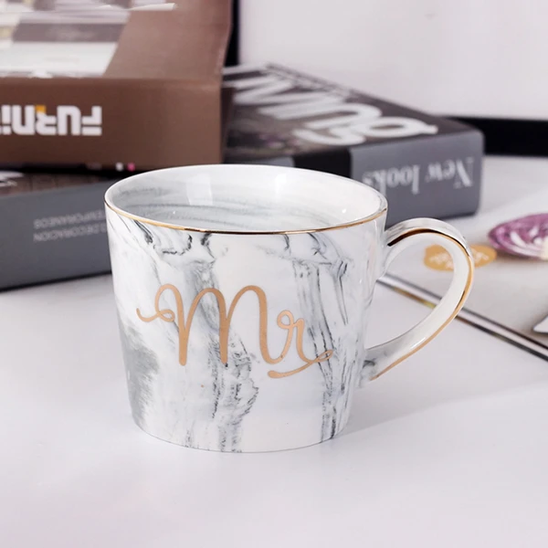 NOCM Marble Ceramic Mugs Gold Plating Couple Lover's Gift Morning Mug Milk Coffee Tea Breakfast Creative Porcelain Cup - Цвет: Grey