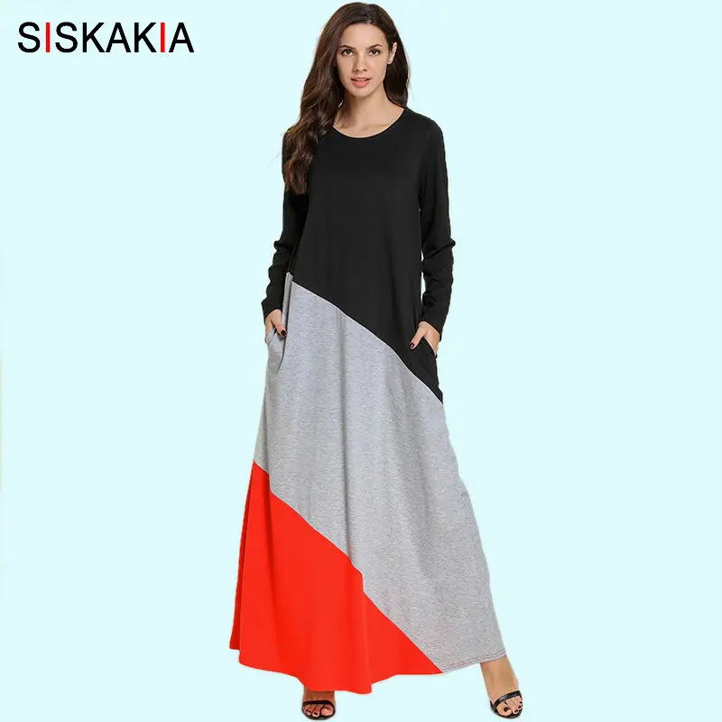 

Siskakia Women's T Shirt Long Dress Plus Size Fashion Knitted Contrast Color Block Maxi Dresses Long Sleeve Arab Casual Clothes