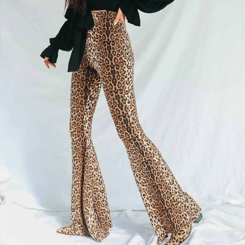 Леопардовым принтом Высокая талия расклешенные брюки для девочек для женщин 2019 весенние модные, пикантные Брюки-клеш стрейч мотобрюки