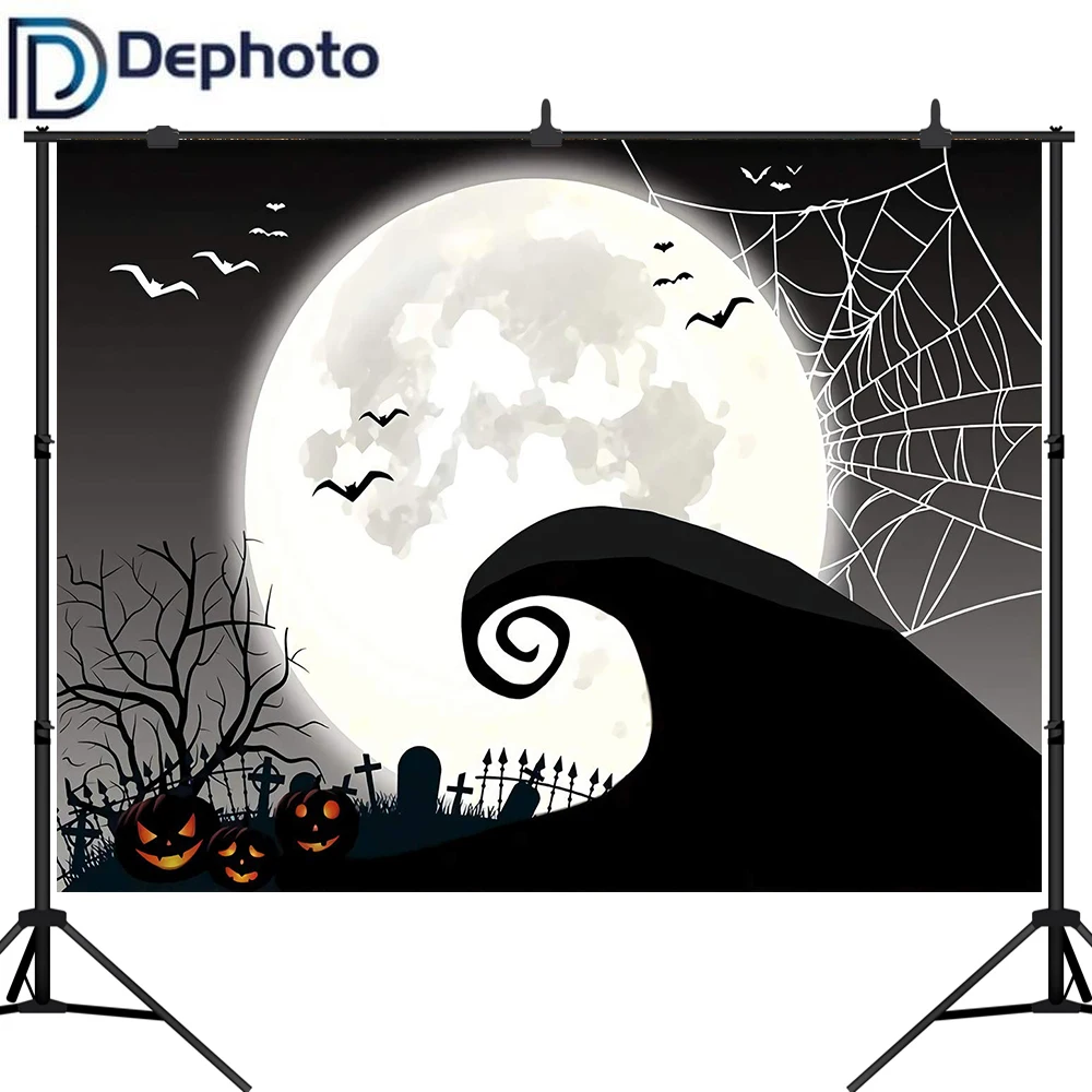 

Dephoto Halloween Nightmare Photography Backdrop Horror Night Full Moon Pumpkin Jack Theme Spider Web Flying Bat Backdground