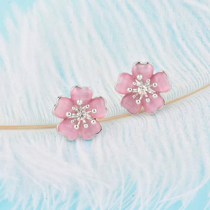 SINLEERY очаровательные однотонные серьги-гвоздики в виде цветка сливы с розовыми, голубыми, бежевыми опаловыми камнями, Женские Ювелирные изделия из розового золота Es660 SSI