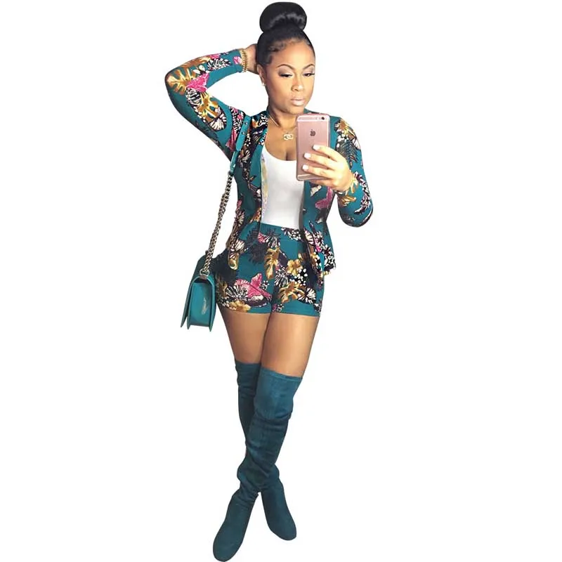 

Summer Two Piece Floral Printed Blazer Set Women Clothes Tracksuits Ladies 2 Piece Set Woman Suit Long Sleeve Tops+Short WDC857