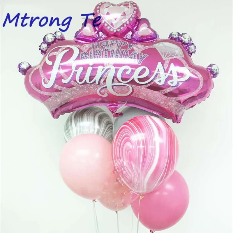 7 шт./партия, большая королевская Алмазная розовая корона на день рождения, воздушные шары из фольги, черный мраморный латексный шар, украшения принцессы на день рождения