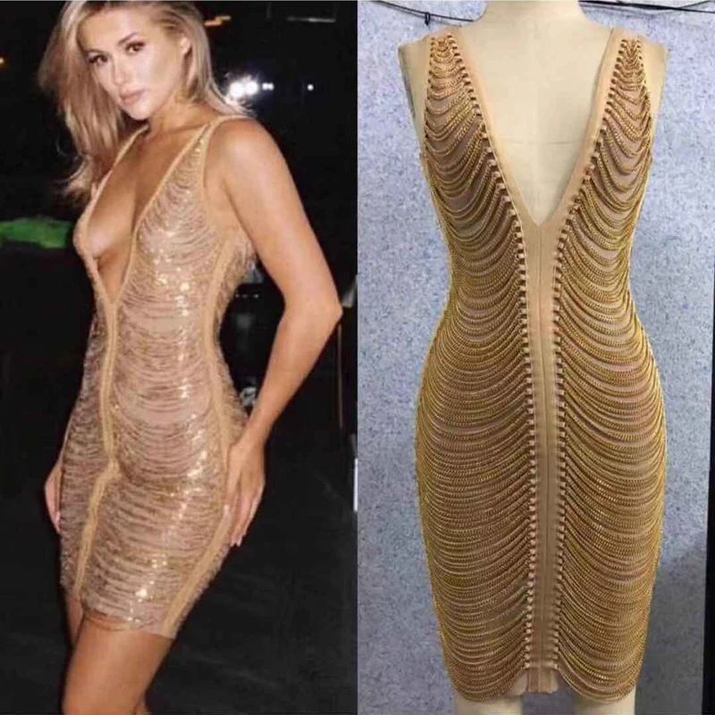 

Fashion Women Bandage Dress High Quality Gold Handmade Metal chain Shining Luxury Celebrity Show Cocktail Party Dress Vestidos