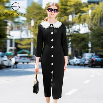 

SEQINYY Lace Dresses 2018 Early Autumn Woman New White Angel Button High Street Sheath Split Knee-Length Black Fashion Dresses