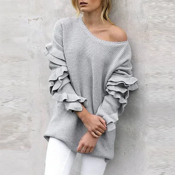 

Winter Ruffles Sweater Women Causal Long Sleeve Loose Knitted Sweater Knitwear Jumper Pullover Tops