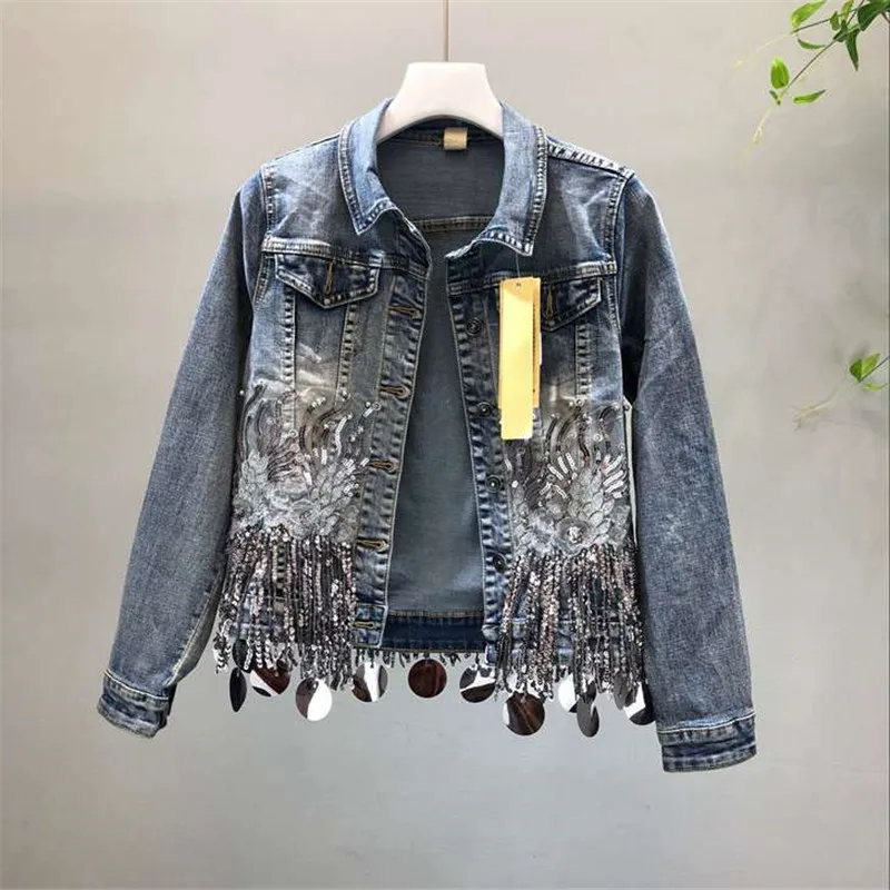 

Autumn Women Denim Jacket 2019 New Vintage Beaded Tassel Sequins Jeans Coat Bomber Jacket Loose Female Casual Basic Coats R766