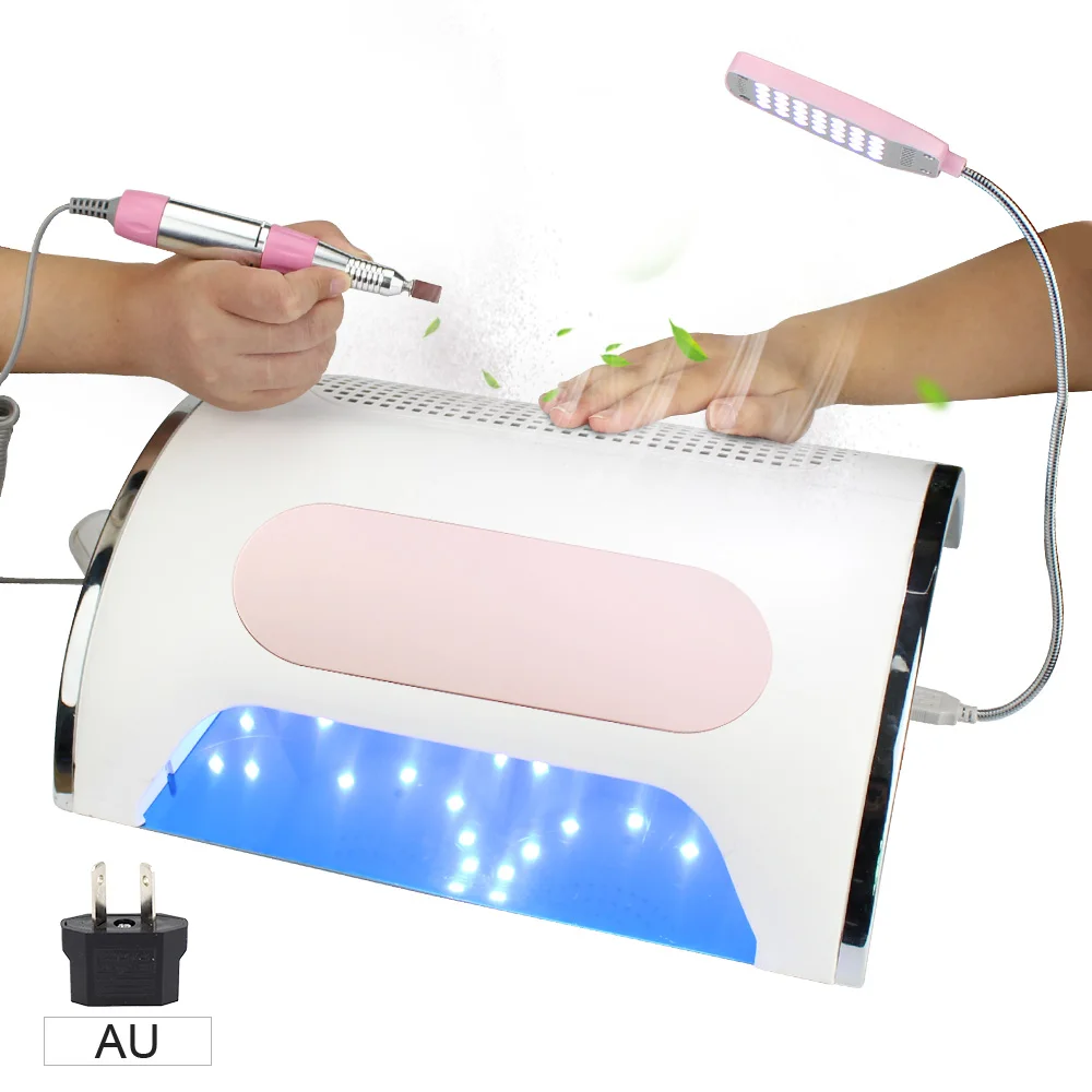 3 In 1 Strong Power 54W Nail Fan Art Salon Suction Dust Collector Vacuum Cleaner Nail Dust Collector+ UV LED Nail Dryer Lamp - Цвет: au