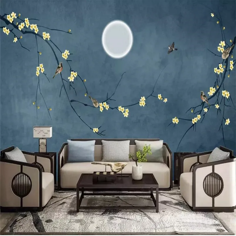 

Custom wallpaper new Chinese style hand-painted plum blossoms, flowers and birds, background wall painting, waterproof material