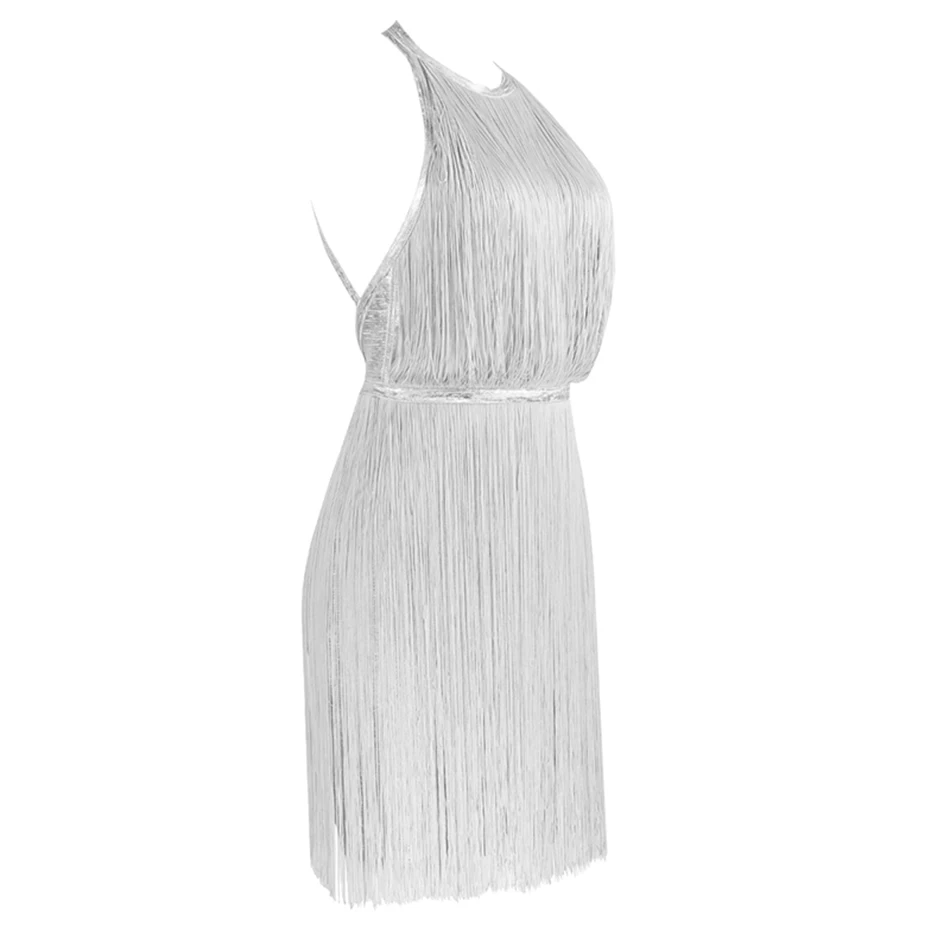 2019 Новые Летние Серебряные женское платье соблазнительный комбинезон на бретелях, без рукавов облегающее мини-платье с бахромой, модная