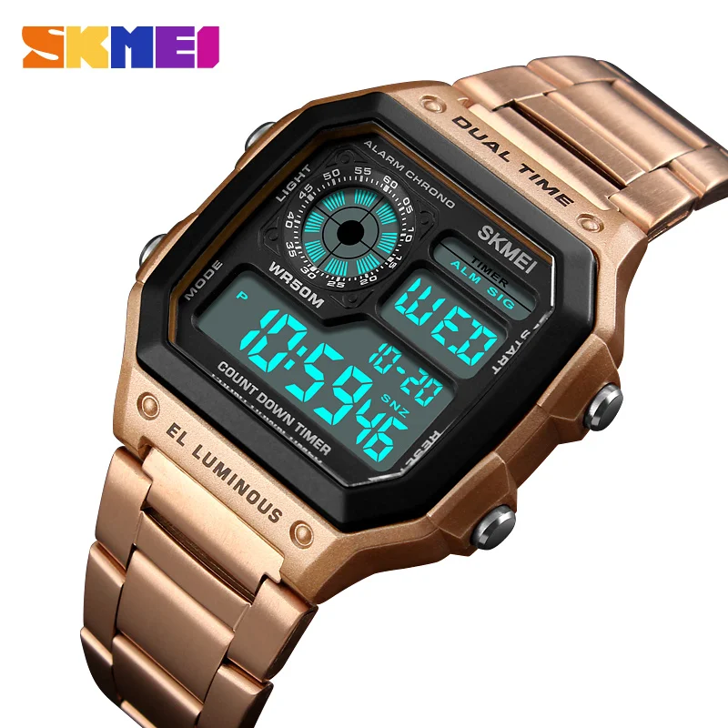 

Rose Gold Watch Men Luxury Brand Skmei LED Digital Mens Watches Stainless Steel Waterproof Sports Wristwatches Erkek Kol Saati
