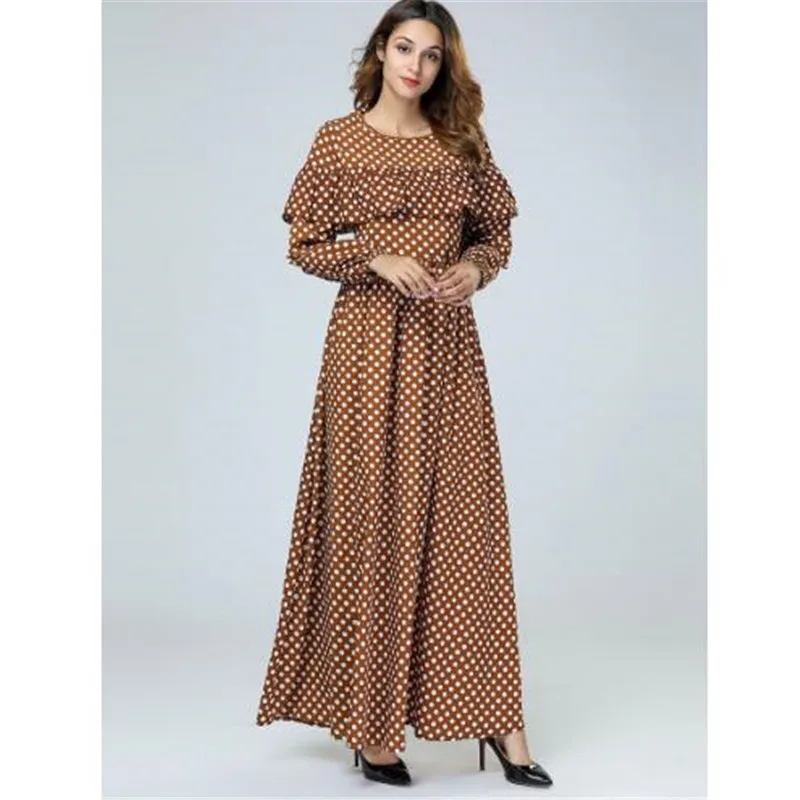 Повседневное в горошек Abayas модное женское длинное платье с оборками Арабский Кафтан Турция Ближний Восток женские мусульманские платья Vestidos D773