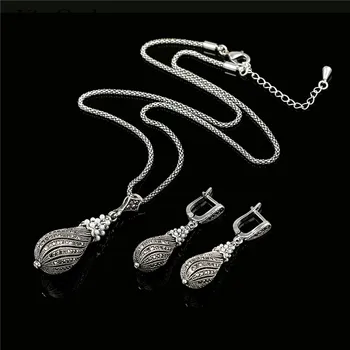 

K'S Gadgets Imitation Pearls Silver Color Vintage Jewelry Set Black Rhinestone Paved Water Drop Earrings Necklace Sets