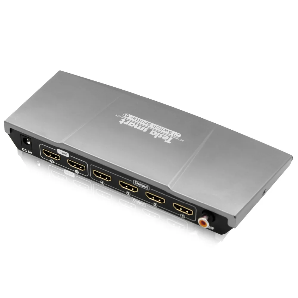 Тесла smart Алюминий высокое качество UHD 4 К 2 в 4 hdmi-переключатель Splitter 2x4 с SPDIF Выход ИК, серый