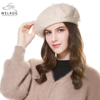 

WELROG Autumn Winter Women's Beret Hat Fashion Solid Pearl Warm Wool Berets for Women French Artist Beanie Beret Hats Girls