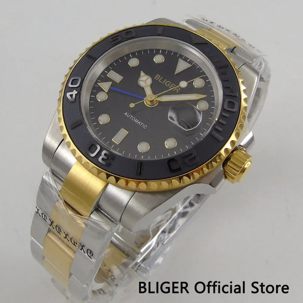 

Sapphire Crystal BLIGER 40MM Black Dial Gold Plated GMT Function Luminous Marks Two-Tone Automatic Movement Men's Watch B278