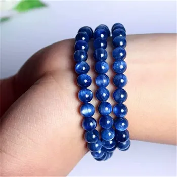 

7mm Genuine Blue Natural Kyanite Bracelets Women Stretch Round Bead Crystal Three Laps Bracelet