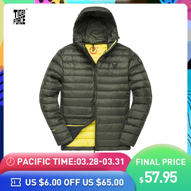

TIGER FORCE Men Hooded Jacket Fashion Spring Winter Cotton Padded Jackets Solid Color Casual Parka Male Puffy Coat with Hoody