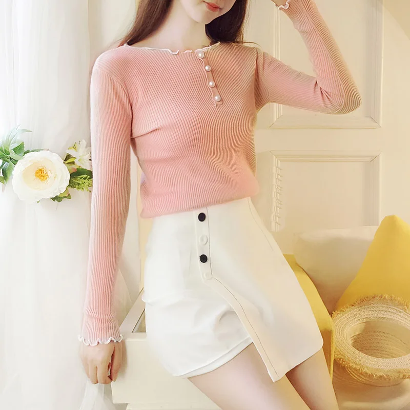 Sweet Thin Section Women's Sweaters And Pullovers Autumn Korean Wrinkled Round Neck Slim Bottom Knitted Sweaters 2018 Pull femme Sweet Thin Section Women's Sweaters And Pullovers Autumn Korean Wrinkled Round Neck Slim Bottom Knitted Sweaters 2018 Pull femme