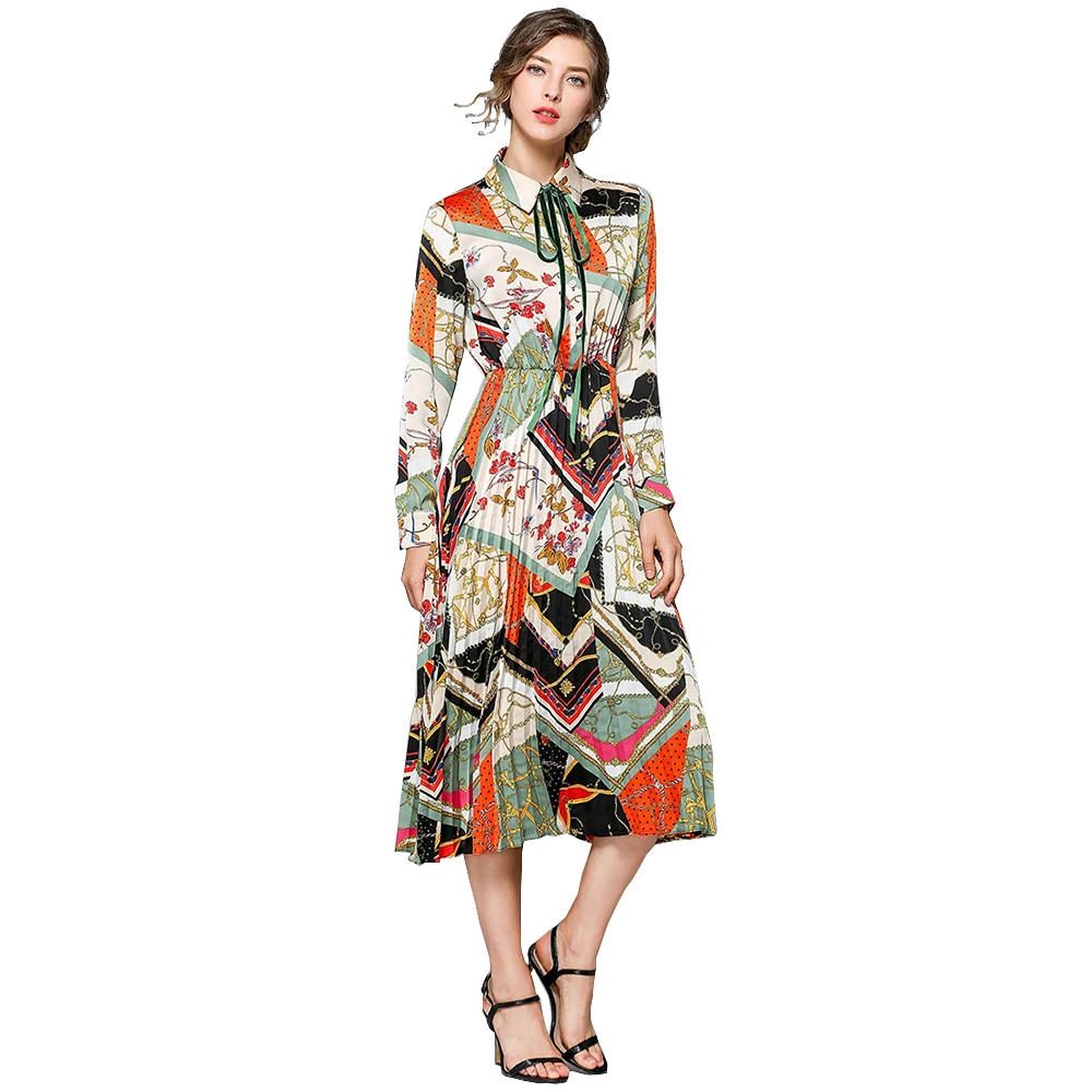

Fashion Printed Woman Chiffon Dress Turn-down Collar Female Casual Summer Dress Ladies Elegant Pleated Midi Dresses