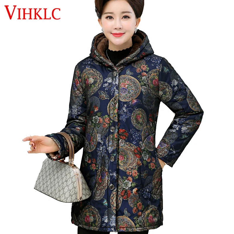 

Quilted Cotton-Padded Jacket Winter Middle Age Mother Print Thick Warm Coat Mid Long Plus Size Women Outerwear XL-5XL H530