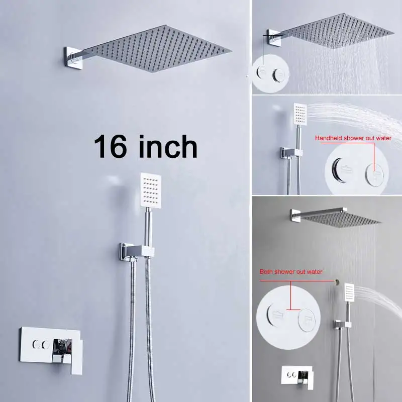 8"10"12"16"Brushed Nickel LED Shower Combo Set Luxury Shower Faucet Wall Mount 