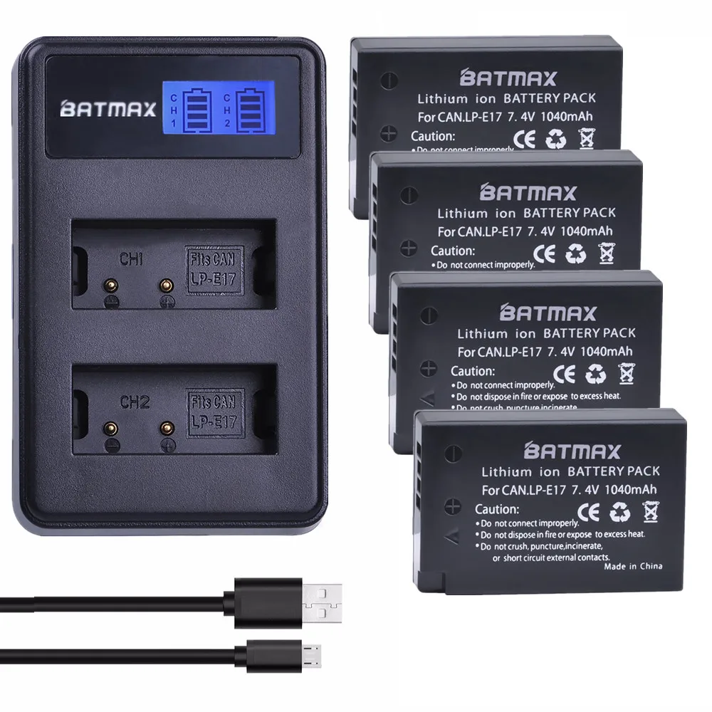 

Batmax 4pcs 1040mAh LP-E17 LPE17 LP E17 Batteries+LCD Dual USB Charger for Canon EOS T6i 750D T6s 760D 800D M3 M5 8000D Kissx8i