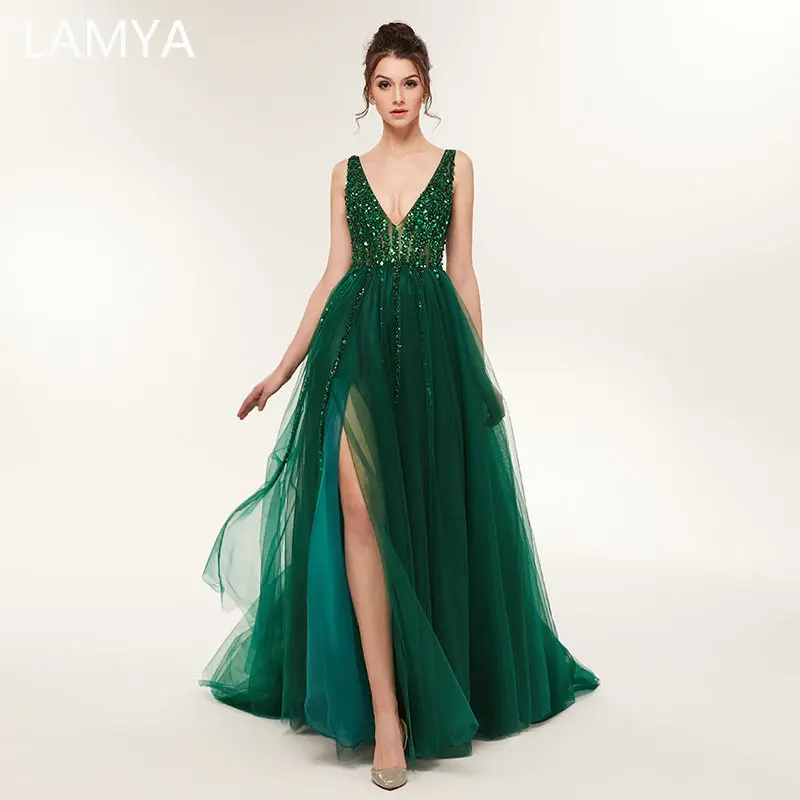 

LAMYA Sexy High Split Tulle Evening Dress V-Neck Luxurious Beading Formal Party Dresses Open Back Prom Gown Vestido De Festa
