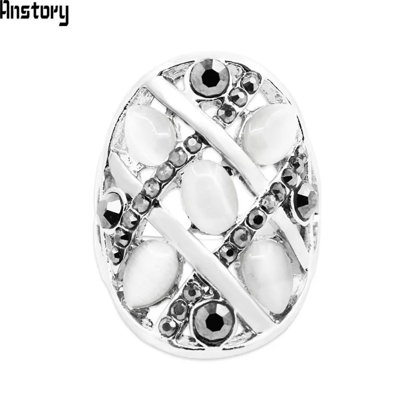 

Flower Crystal Opal Rings For Women Antique Silver Plated Fashion Jewelry TR673