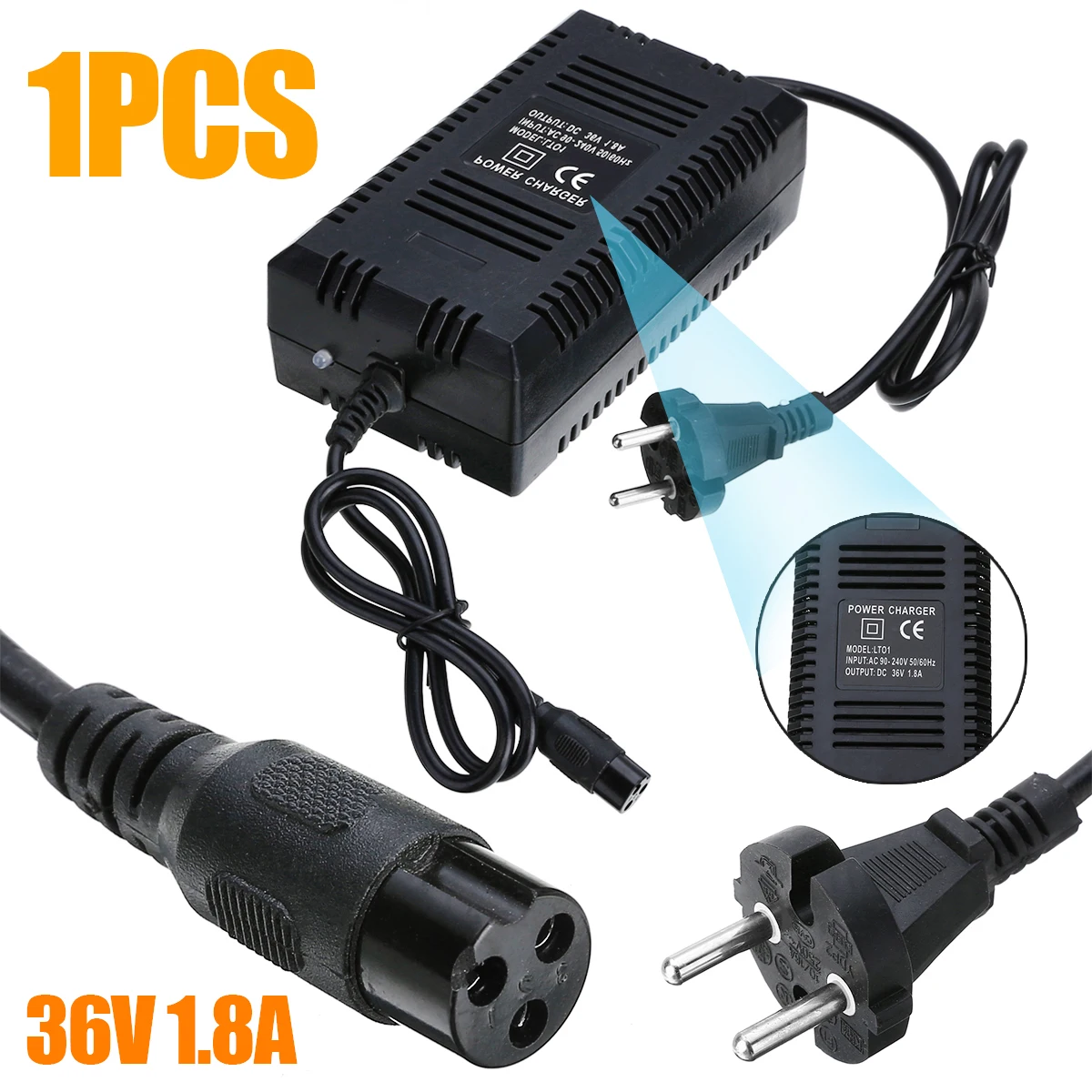 1Pcs Electric Bicycle Accessories 36V 1.8A EU Plug Black Battery Charger For Electric Scooter E-Bike