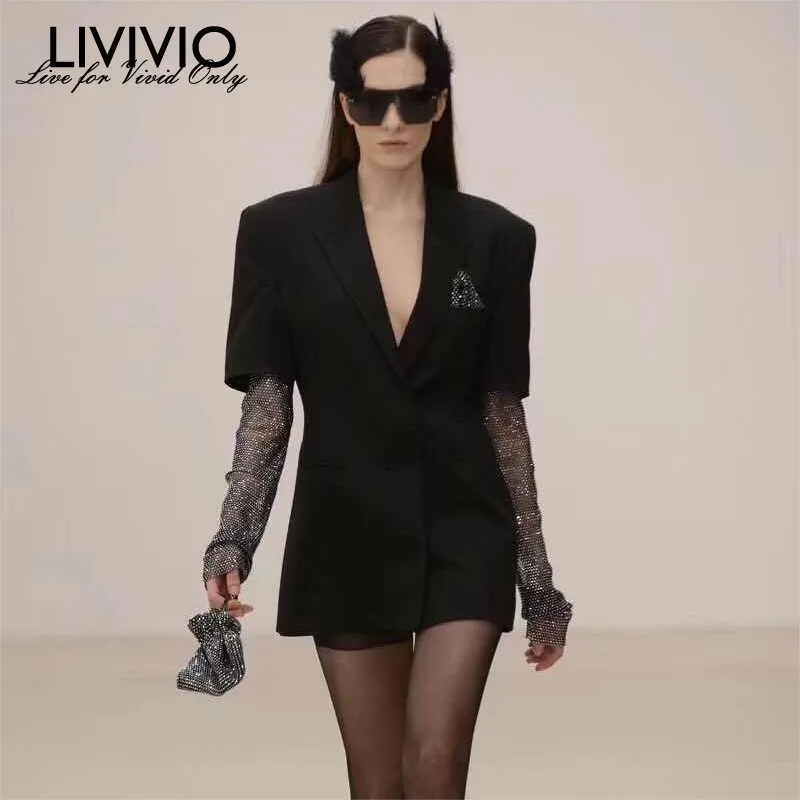 [LIVIVIO] Женский блейзер из сетчатой ткани с бриллиантами длинным рукавом в стиле