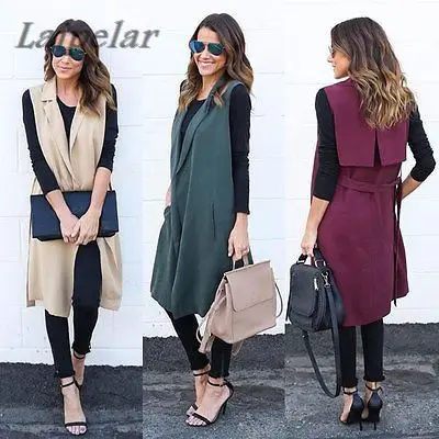 

autumn new fashion long pockets turn-down collar open stitch sleeveless pantone green red beige black blazer vest jackets