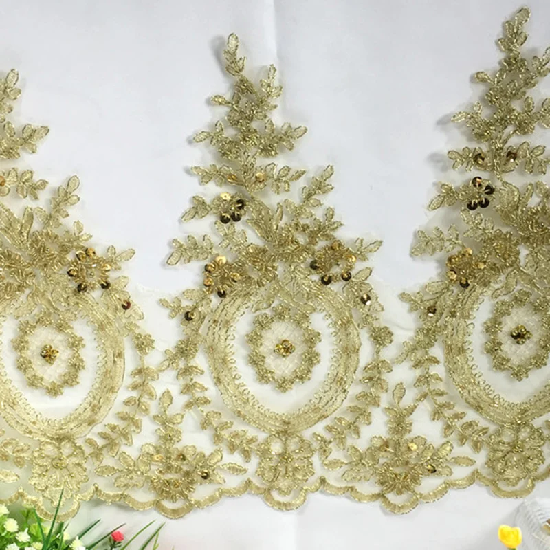 90cm Long Golden Lace Trim Floral Lace Sequined Gold Braid Trims Ribbon