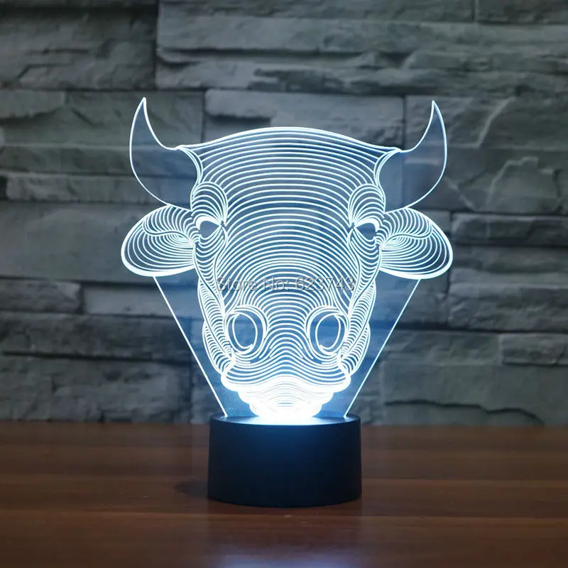 

Free Ship Color changing Flashing Bulls Head Acrylic 3D Children LED Night Light touch sensitive LED OX Living Room USB Lamp