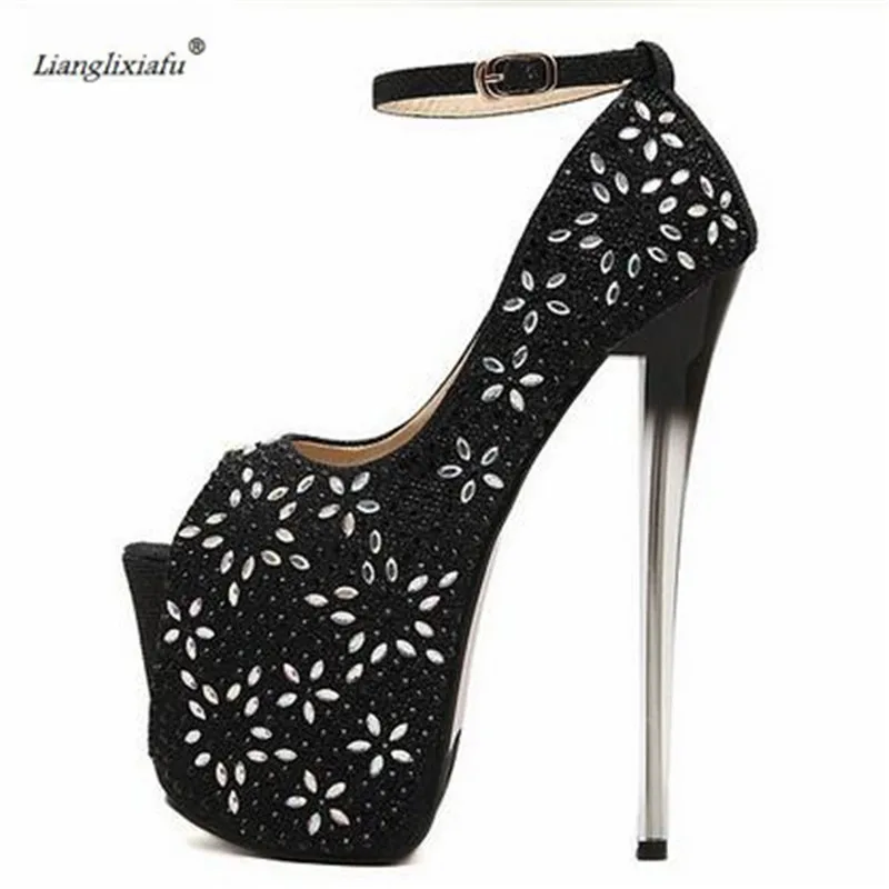 LLXF Sandals zapatos Plus:41 42 43 Stiletto Summer diamond Shoes woman 19cm thin High-Heeled female Ankle Strap Open Toe Pumps - Цвет: Черный