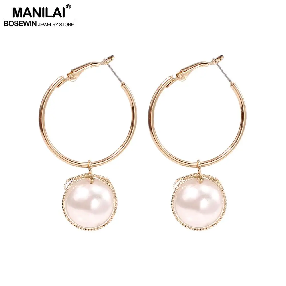 

MANILAI Simple Imitation Pearl Hoop Earrings Handmade Copper Wire Pendant Dangle Earrings Wedding party Women Jewelry