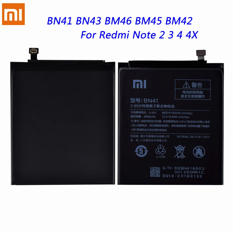 

Original BN41 BN43 BM46 BM45 BM42 Battery For Xiaomi Redmi Note 4 3 2 4X Hongmi Note4 Note3 Note2 Lithium Polymer Batteries