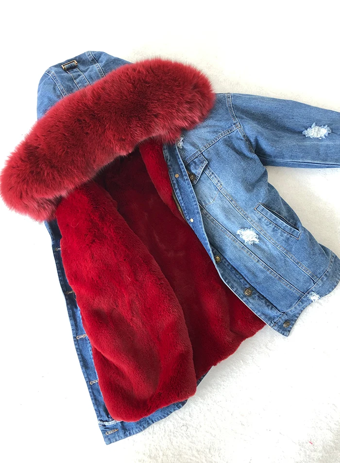 Women Denim Jacket With Fur hood Women Autumn Winter Denim Jacket Warm Upset Jacket Vintage Long Sleeve Loose Jeans Coat Outwear