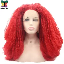 Hiar SW длинные афро кудрявый вьющиеся синтетический Синтетические волосы на кружеве Искусственные парики 180% высокая плотность Красная