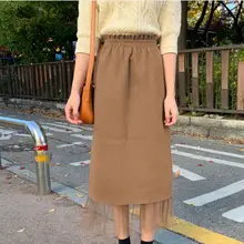 Корейский стиль женский эластичный пояс однотонные юбки Баск Сплит сетки подол лоскутное трикотажные юбки Офисная Женская юбка