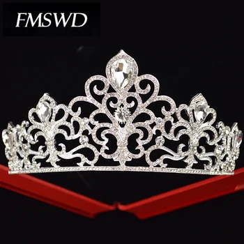 

FMSWD Round Large Crystal Crown Birthday Party Girl Hair Accessories Bride Wedding Headdress Beauty Dance Show Decoration