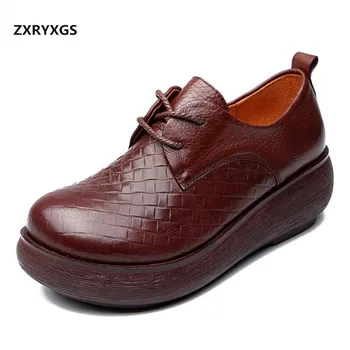 

2019 Newest Spring Lace-Up Full Genuine Leather Shoes Increase Wedge Platform Shoes Simple Wild Retro Women Shoes Casual Shoes