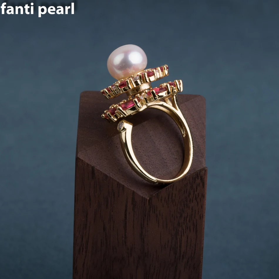 

rotatable ruby Pearl Ring Natural Freshwater Pearl Jewelry 925 Sterling Silver Rings For Women Zircon Wedding Rings Gift