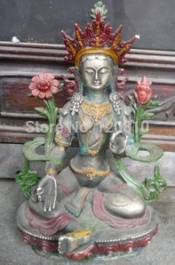 

OLD TIBET COPPER Green Tara BUDDHA STATUE, Profuse color