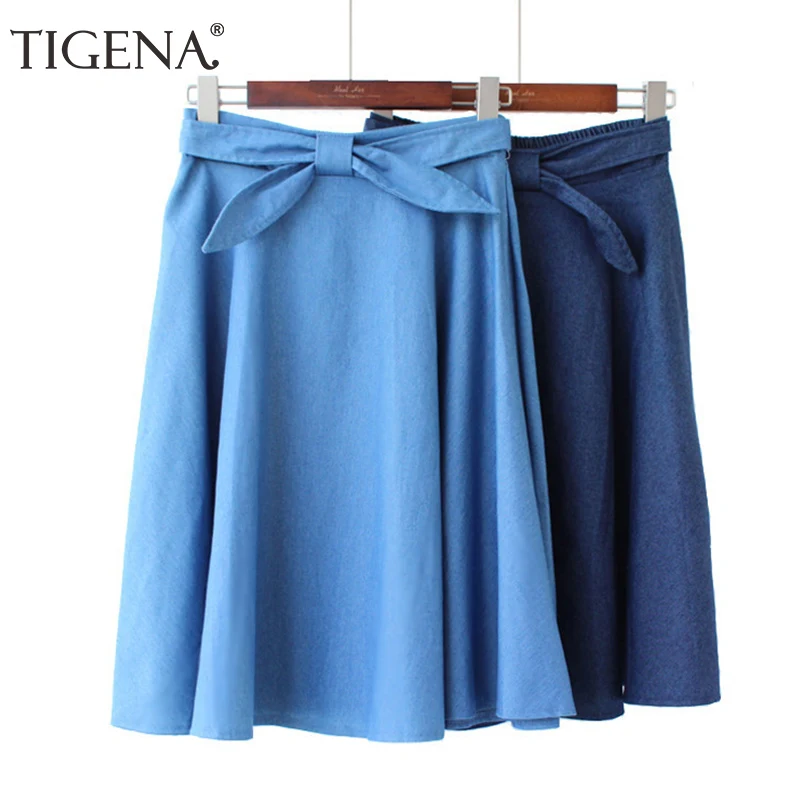 

TIGENA Bow Belt Midi Denim Skirt Women 2019 Spring Summer Preppy Style School Knee Length A-line High Waist Jeans Skirt Female