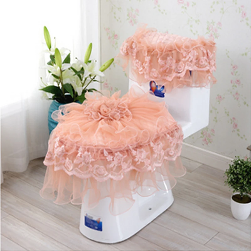 

3pcs/Set Lace Embroidery Bathroom Toilet Seat Pad Tank Lid Top Cover Toilet Pad Set Seat Covers Household Dustproof Decoration