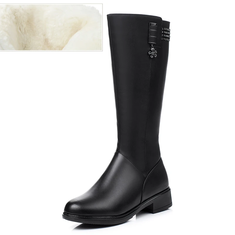 Женские зимние сапоги; женские сапоги из натуральной кожи; женские высокие сапоги на высоком каблуке; теплые зимние сапоги с шерстяной подкладкой; модная женская обувь - Цвет: Black       wool