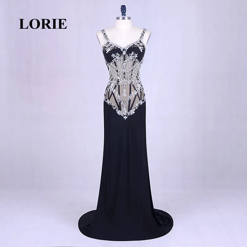 

LORIE Spaghetti Strap Evening Dress Mermaid Long See Through Black Beaded with Rhinestones Chiffon Backless Real Prom Dress 2018