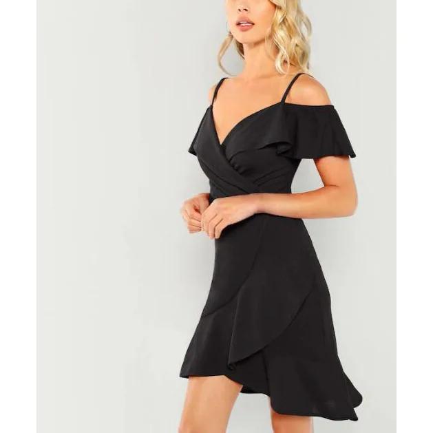 

Summer V Neck Wrap Ruffle Dress Sexy Club Cold Shoulder Short Party Dress Elegant Straps Women Dress